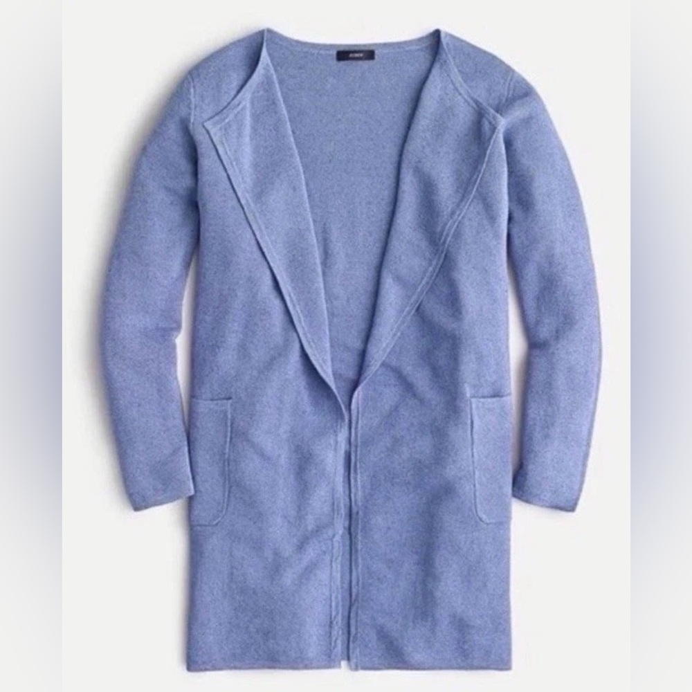 J Crew Juliette Collarless Long Cardigan in Blue Linen | Medium